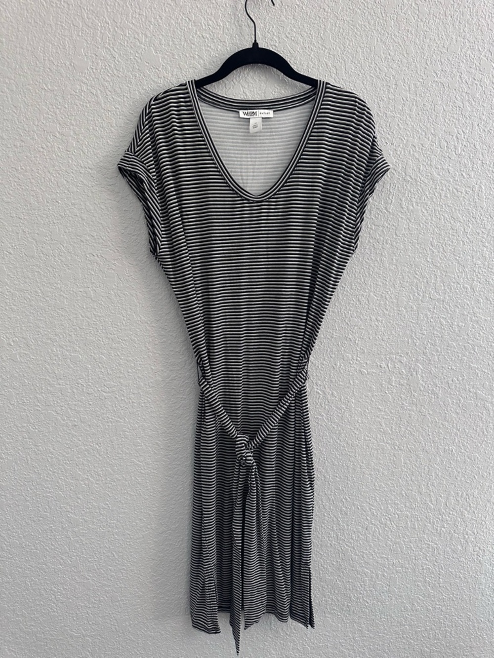 WHBM Outlet Black White Striped Dress Medium Tie Waist Stretch Casual Work
